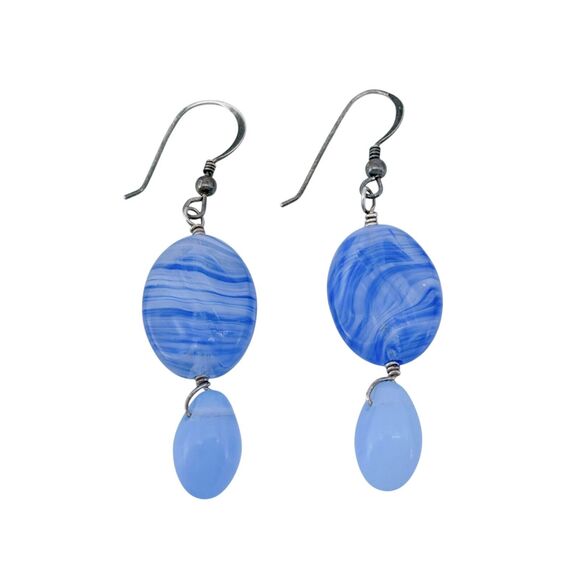 Vintage Sterling Silver 925 Blue Swirled Glass Dangle Earrings - Picture 4 of 6
